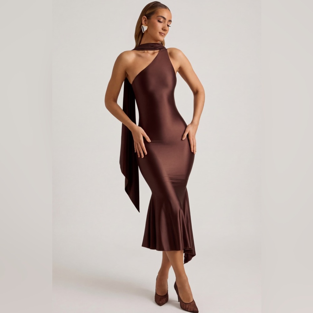 Oh Polly - Asymmetric Scarf-Detail Midaxi Dress